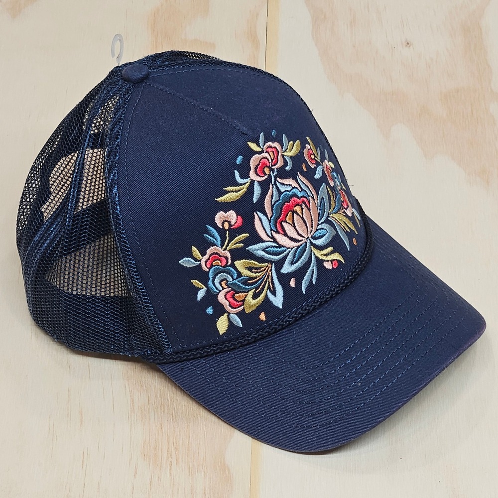 Shyanne Navy Blue Floral Embroidered Mesh Back Snapback Trucker Hat OSFM